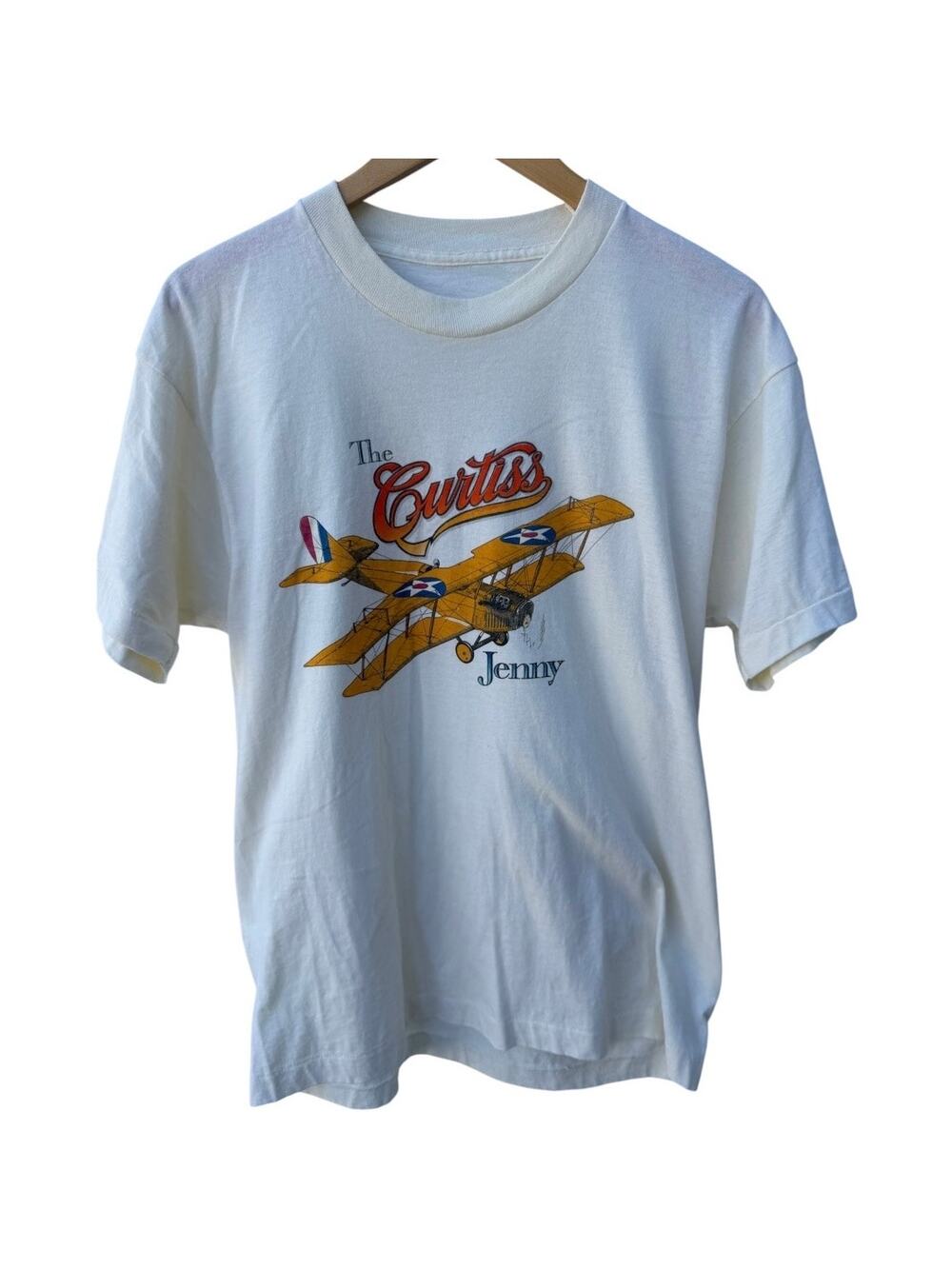 Single Stitch Curtiss Jenny Airplane Graphic T Shirt Mens L White Vintage Plane